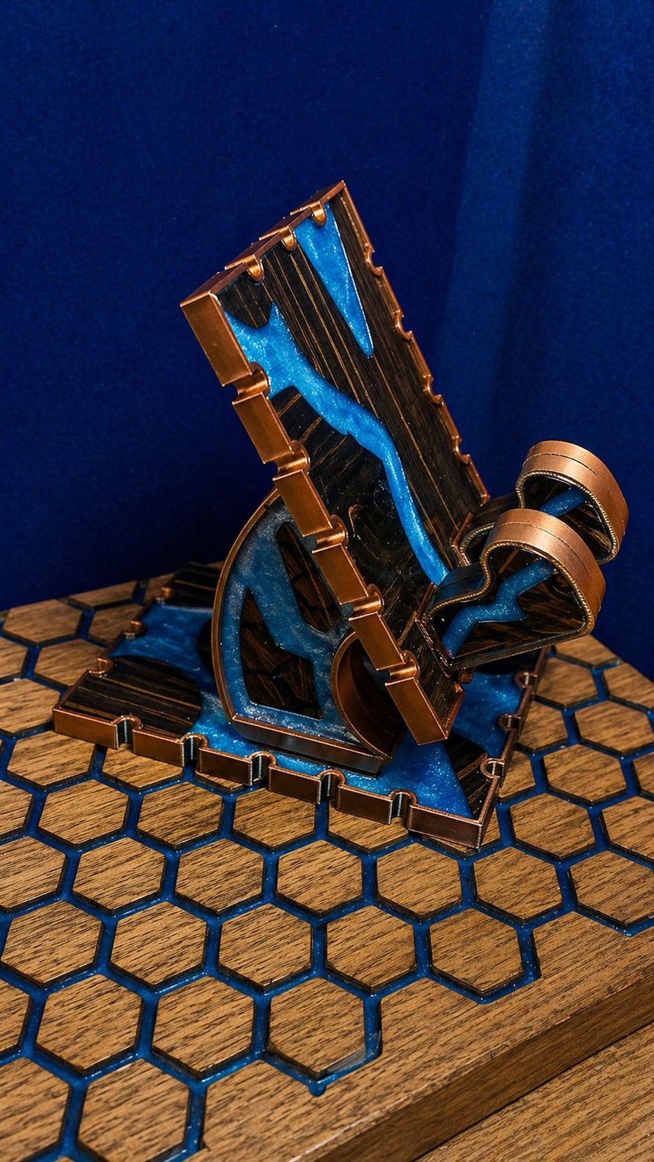Metallic sculpture on a hexagonal patterned surface with a blue background